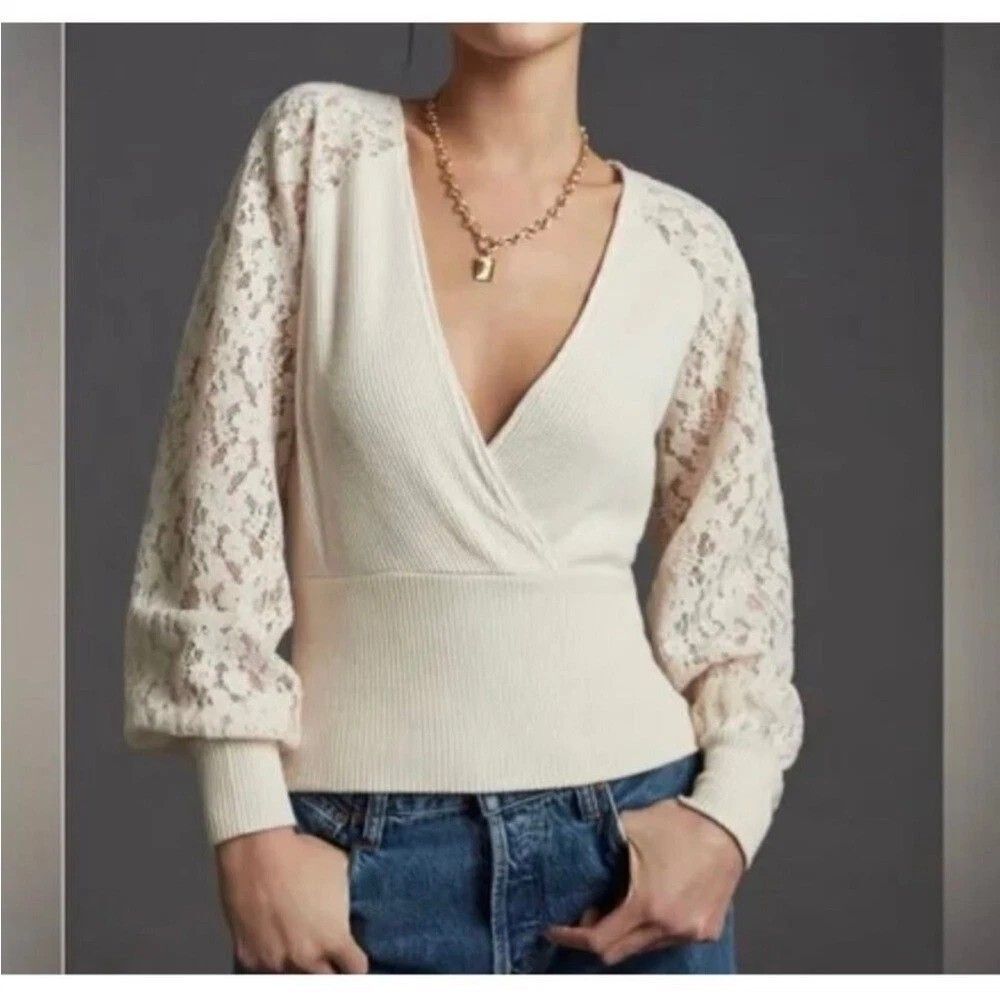 Anthropologie Cream Lace-Sleeve Wrap Sweater